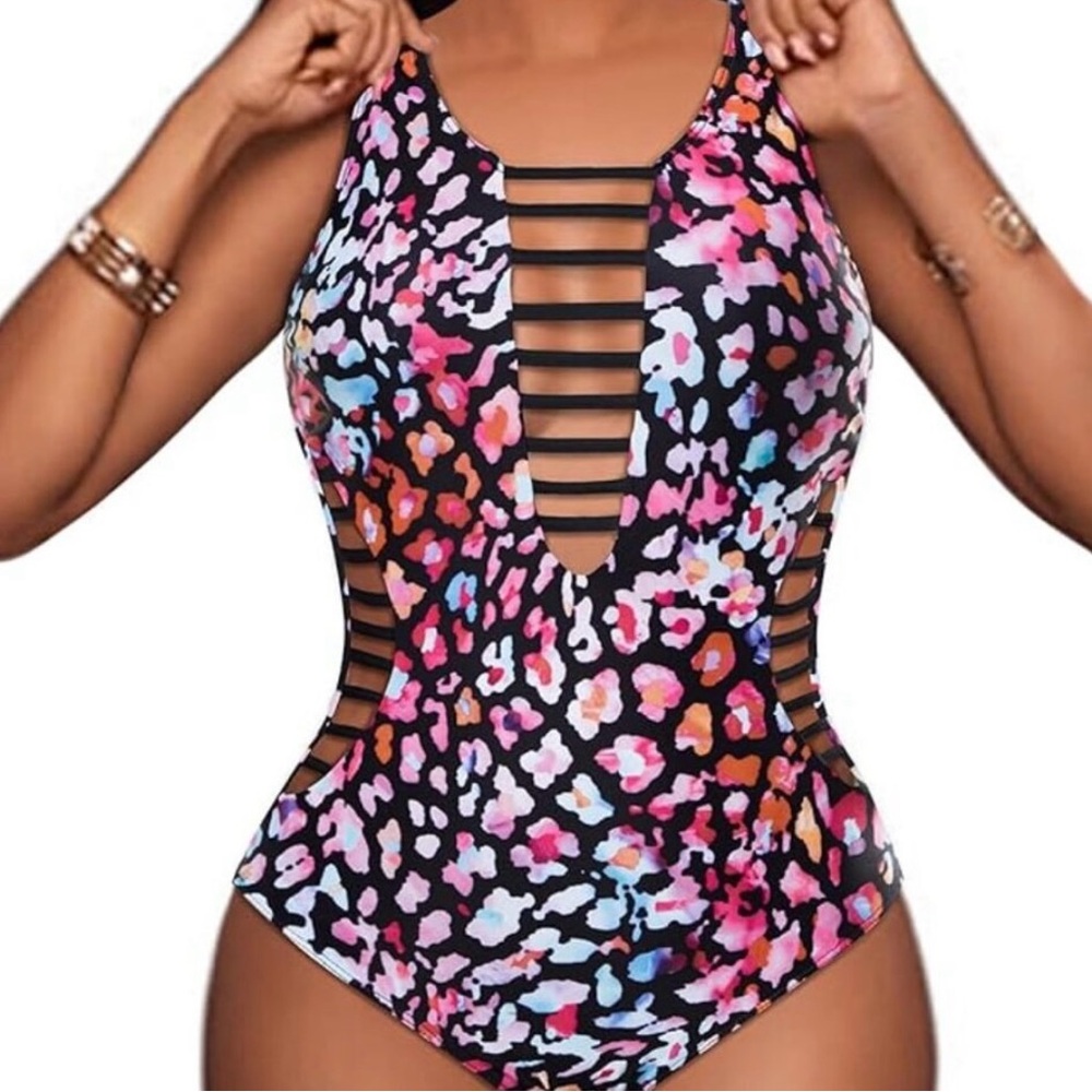 Colorful Abstract Print Swimsuit with Front & Side Detailed Cutouts